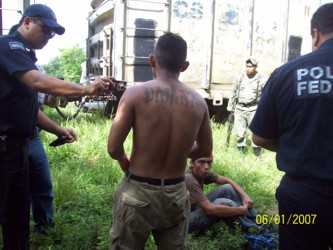 Caravanas de policías federales mexicanos y empleados del servicio de inmigración en...