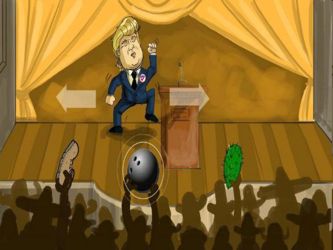 El jugador cuenta con un tiempo determinado para arrojarle objetos a Trump, antes de que él...