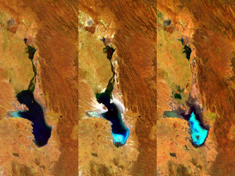 Las tres fotografías muestran la reducción paulatina de la masa de agua, con una...