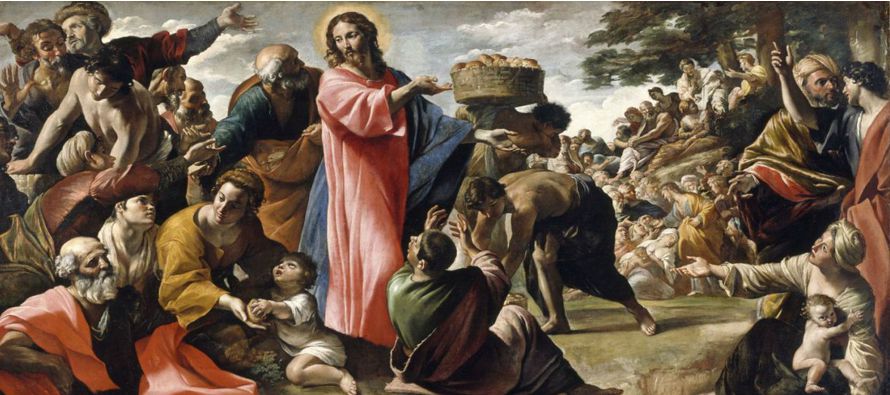 Él mandó a la gente acomodarse sobre la tierra y, tomando los siete panes y dando...