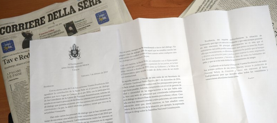 El diario citó una carta que dijo que Francisco le escribió a Maduro el 7 de febrero,...