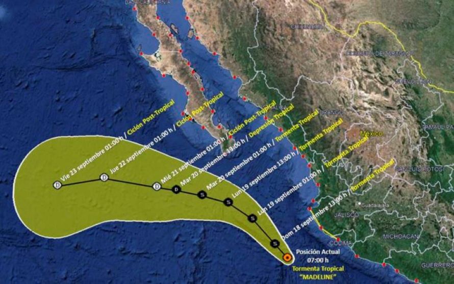“Durante las próximas horas, la tormenta tropical Madeline se localizará frente...