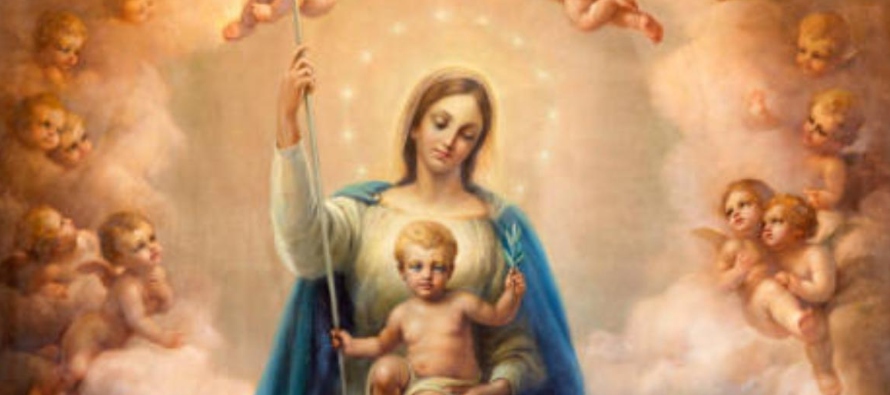La segunda parte ha sido agregada por la Iglesia: «Santa María, Madre de Dios, ruega...